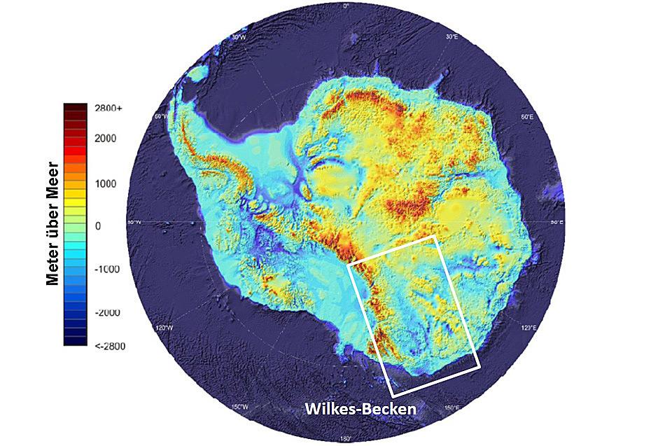 Die Lage des subglazialen Wilkes-Becken, das bis zu 1'000 m tief liegt.