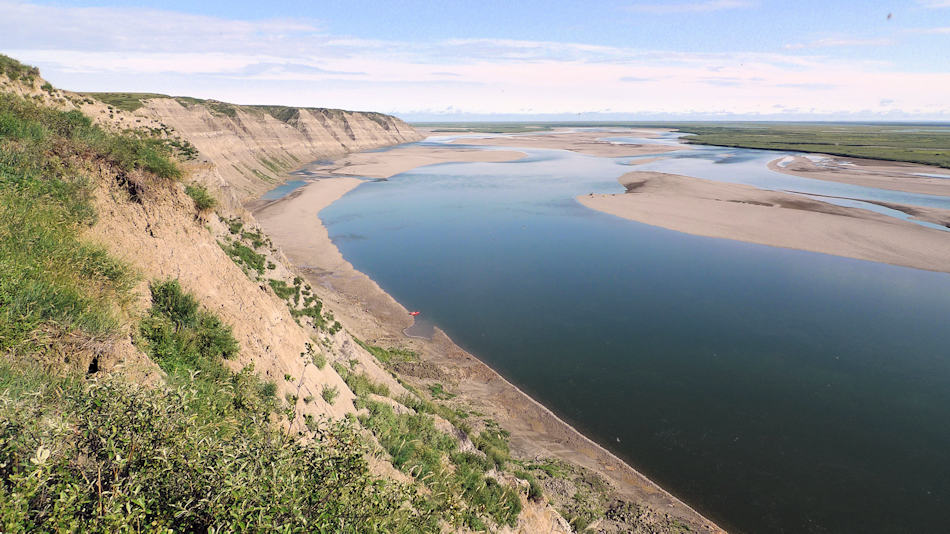 Die Region im Norden von Alaska entlang des Colville Flusses ist heute eine arktische Tundralandschaft. Vor 69 Millionen Jahren lag die Region 10 Grad nÃ¶rdlicher und war eine reichhaltige Landschaft mit einer einzigartigen Tier- und Pflanzenwelt. Bild: Patrick Druckenmiller